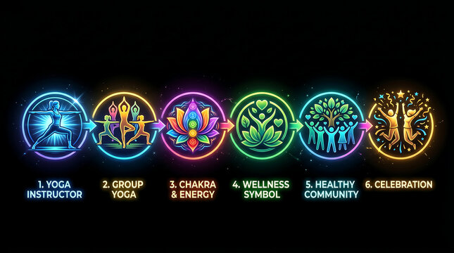 Neon wellness journey infographic showing yoga progression steps from instructor and group practice to chakra energy balance and healthy community celebration success