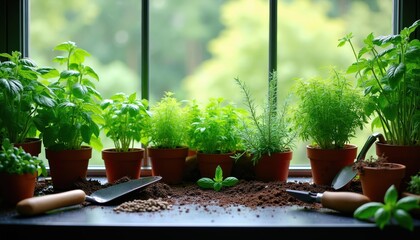 Fototapeta na wymiar Various green herbs grow in pots on a windowsill. Gardening tools and soil are nearby. Plants receive natural light from outside, suitable for home decor.
