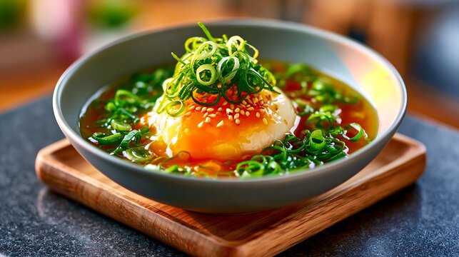 Traditional Japanese onsen tamago egg with dashi and scallions