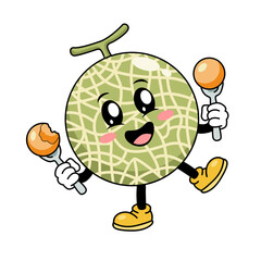 Happy cantaloupe melon fruit cartoon character dancing and holding two forks with round melon balls. Playful summer fruit mascot.