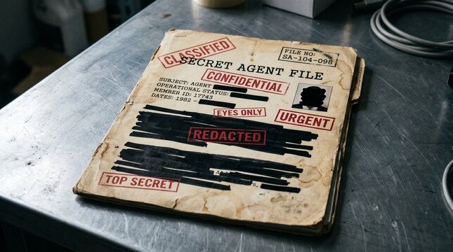 Secret agent file folder with confidential and redacted documents lying on a metallic desk featuring vintage paper texture and bold red warning stamp markings overall