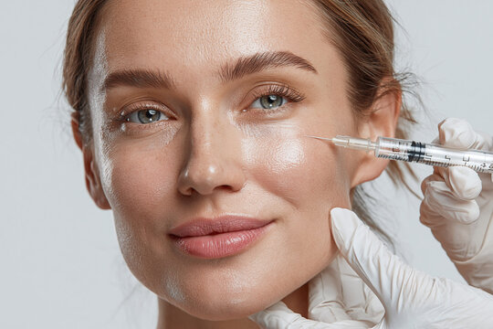Young woman receiving cosmetic facial injection with syringe near cheek, serene expression, clinical gloved hands, close up skin treatment