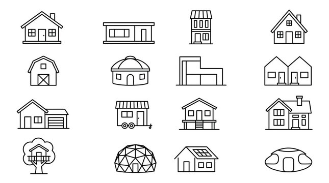 Real estate building icons set diverse architectural styles in linear design
