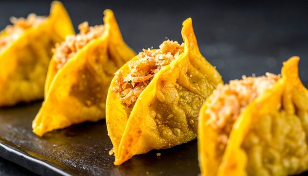 Crisp golden fried wontons filled with seasoned minced pork and shrimp presented on a dark surface