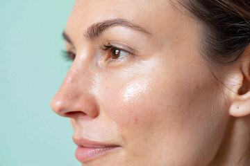 Fototapeta premium Close up cheek smooth texture subtle shine pastel skin glow healthy complexion brown eye side profile