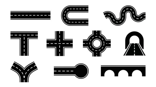 Road intersection and highway elements vector set black and white transportation infrastructure