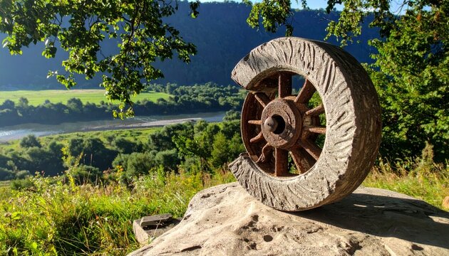 An ancient, weathered millstone resting on a rock with a scenic river landscape in the background.
