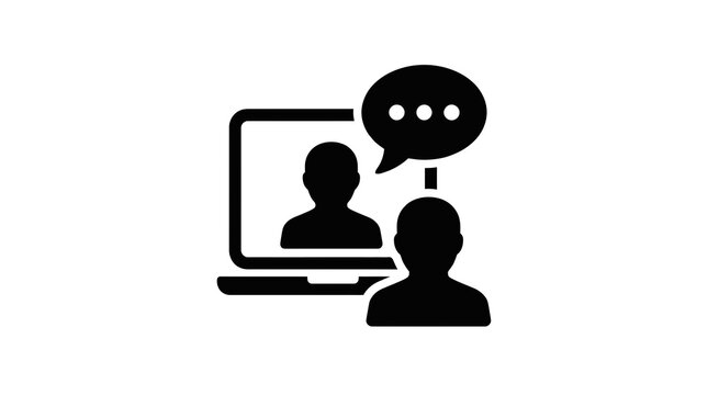 Online meeting icon silhouette of person and laptop with speech bubble communication