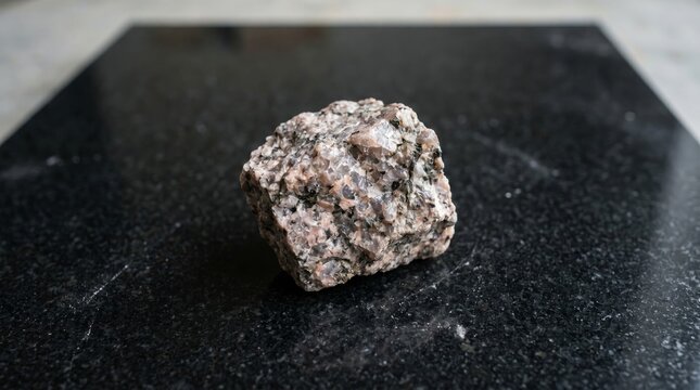 Close-Up Granite Rock Sample on Polished Black Stone Slab Showing Pink Quartz and Mica Crystals