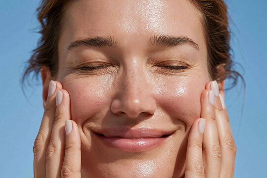 Glowing woman facial massage skincare routine radiant skin close up smiling relaxed