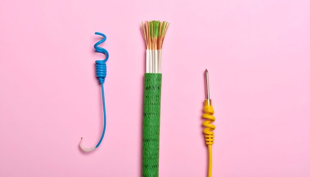 Three colorful cables lay flat against a solid pink background