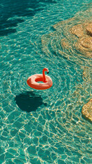 Obraz premium Solitary flamingo float in tranquil waters, a symbol of freedom and vacation joy, inspiring escape, perfect for travel story and summer holiday narratives.