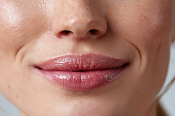 Fototapeta premium Close up of slightly chapped lips with natural dryness, subtle smile and skin texture showing freckles and dimple, soft natural light and intimate cosmetic detail