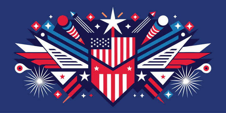 American flag shield with geometric wings and fireworks