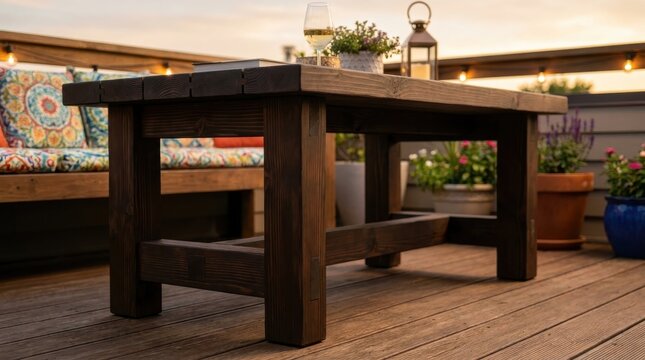 Dark Stained Cedar Balcony Coffee Table with Outdoor Seating Area and Lantern