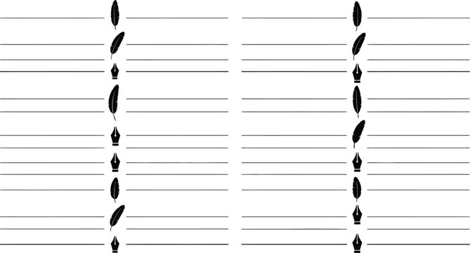 Vintage quill pens and lined paper illustration symmetrical arrangement for stationery or writing themed designs