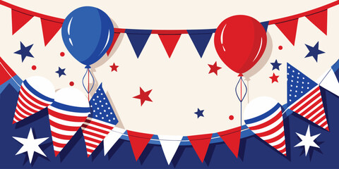 Obraz premium Red blue and white patriotic party bunting with balloons and stars