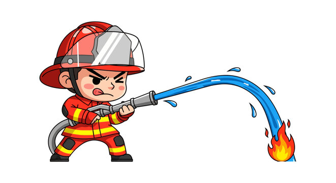 cartoon firefighter character holding red firehose illustration