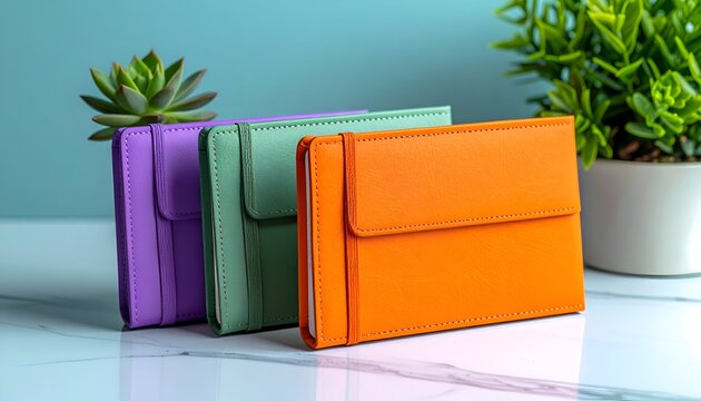 Three colorful leather-bound notebooks arranged on marble surface near succulents