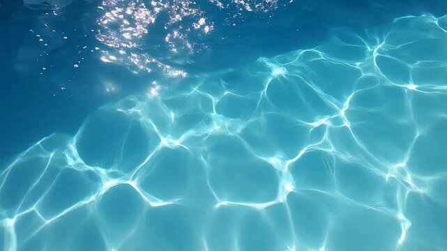 A bright blue swimming pool surface with shimmering light reflections on the water