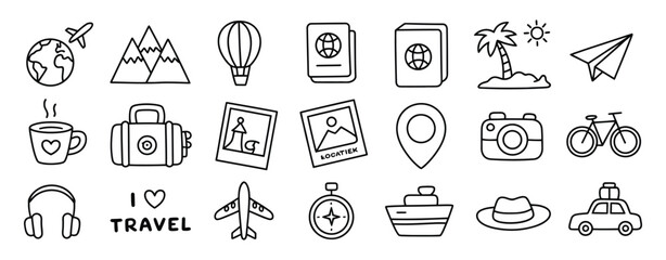 Naklejka premium Travel doodle hand drawn icon set outline drawing tourism line clipart symbols vector illustration collection for travel and vacation design.