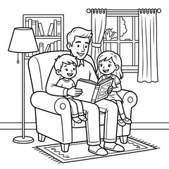 Fototapeta premium Father reading a book to his children in an armchair with line art black and white fathers day dad day family time children armchair childhood daughter