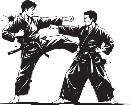 Two karate fighters performing a kick and block