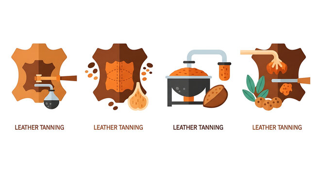 Set of leather tanning process icons, flat style vector illustration