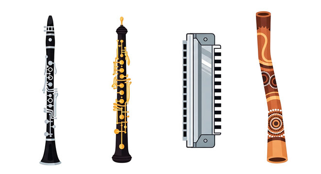 Set of various musical wind instruments including clarinet, oboe, harmonica and didgeridoo