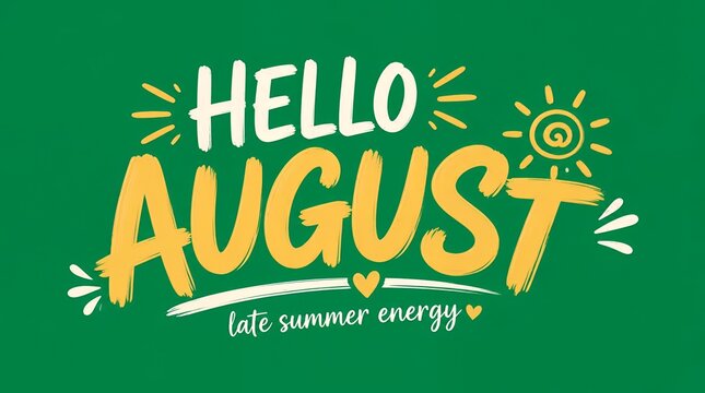 Hello August Late Summer Energy Typography Design with Sun and Heart Icons on Green Background
