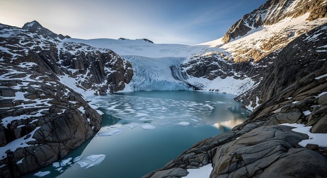 Majestic Glacier Flowing Into Icy Lake Surrounded by Snow Capped Mountains.