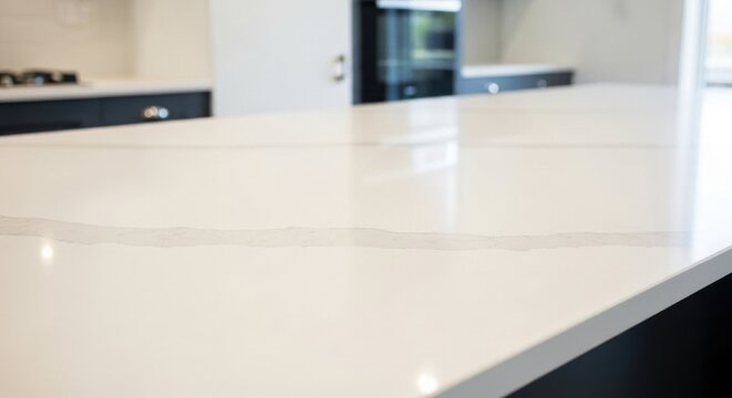 Polished white quartz countertop with subtle grey veining in a modern kitchen setting