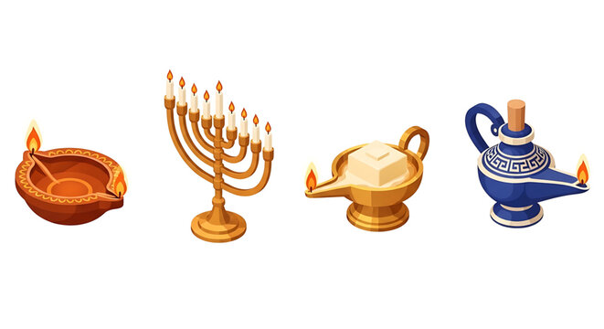 Set of traditional oil lamps and a menorah for religious holidays