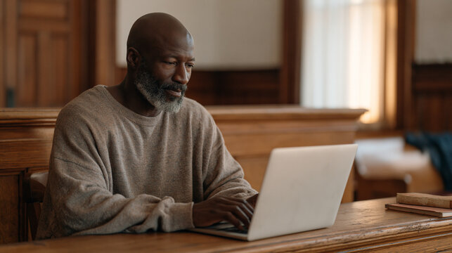 Rural public defender accessing case precedent through legal tech AI tool on aging laptop in sparse county courthouse, justice equity technology legaltech access professional solo underserved remote