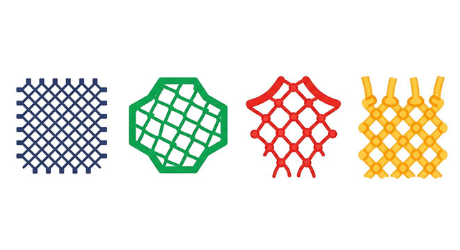 Set of four different types of nets, mesh patterns, and textures