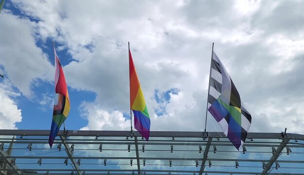 Lgbt or rainbow pride flag, intersex inclusive progress flag and straight ally flag waving for pride month.