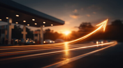 Fototapeta premium Rising Fuel Prices at Sunset: An upward arrow graph, glowing with golden light, superimposed over a gas station at dusk, symbolizing the surge in fuel costs.