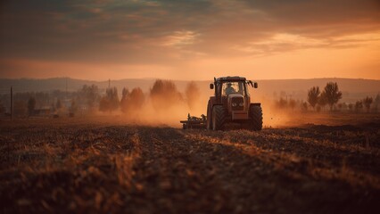 Fototapeta premium Farmer Driving Tractor Preparing Agricultural Land for Sowing in Modern Farming Landscape Scene
