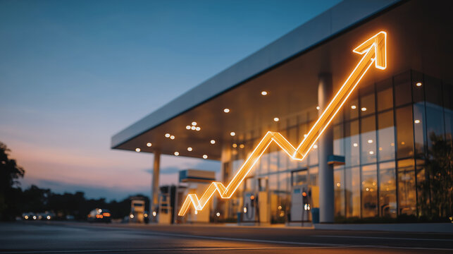 Rising Gas Prices: An illuminated upward arrow graphic overlays a modern gas station at dusk, symbolizing the escalating cost of fuel.