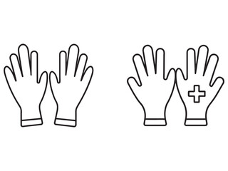 Obraz premium Line drawing of two pairs of medical gloves one with cross on palm