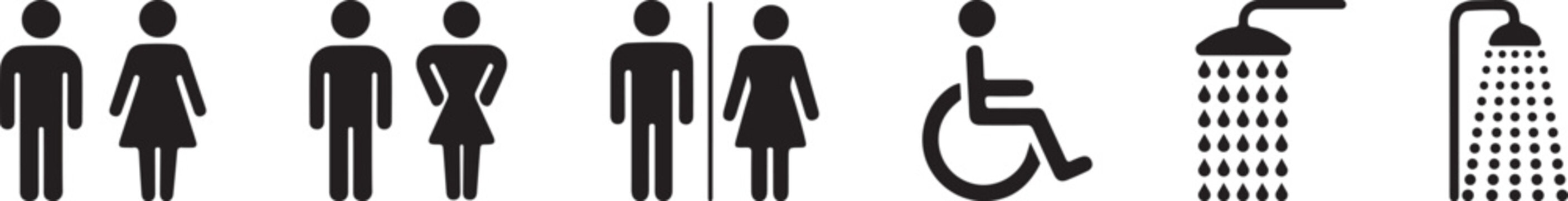 Black and white icons of people and shower heads on white background