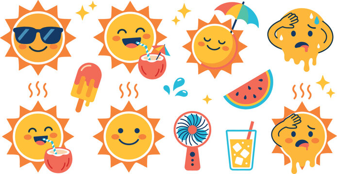 Cute cartoon summer sun characters set with sunglasses drinking coconut water melting in heat electric fan popsicle and watermelon slice isolated vector illustration
