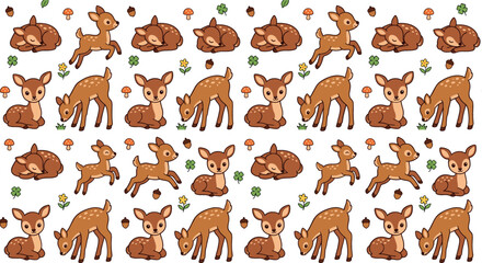Cute cartoon woodland deer seamless pattern background with adorable sleeping jumping sitting fawns acorns mushrooms and clovers vector illustration © MstHura