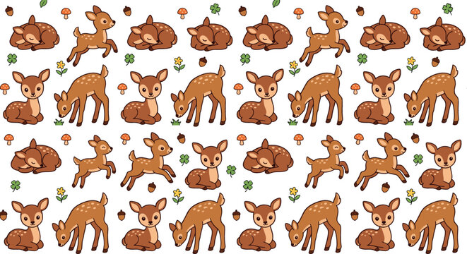 Cute cartoon woodland deer seamless pattern background with adorable sleeping jumping sitting fawns acorns mushrooms and clovers vector illustration