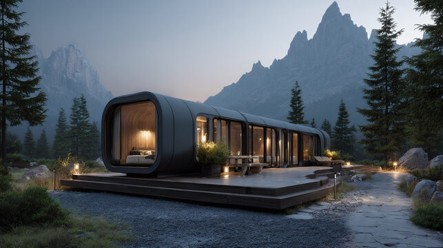 futuristic modular capsule house in mountain wilderness at dusk, modern prefab capsule home in remote forest landscape, minimal eco modular architecture with warm lighting in nature setting