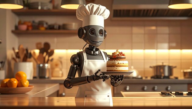 Robot chef serving a miniature cake in a kitchen