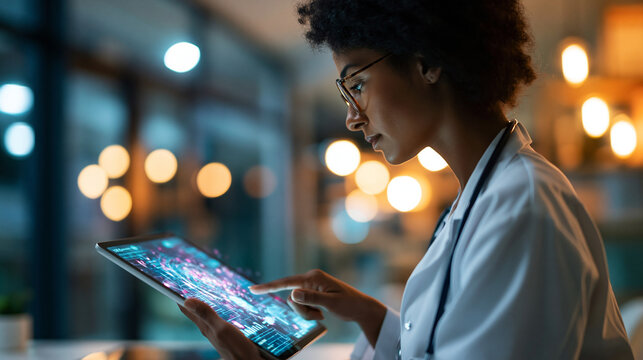 A  doctor viewed from the side uses a bright tablet showing soft glowing softly defocused AI healthcare analytics in a calm modern clinic in soft daylight healthcare