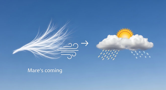 Conceptual image illustrating the weather proverb mackerel sky, mares tails make tall ships carry low sails, showing a feather cloud and a rainy sun cloud