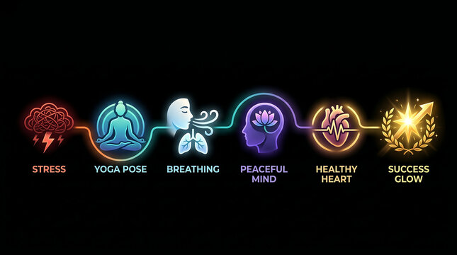 Stress relief through yoga breathing peaceful mind healthy heart and success glow on black background