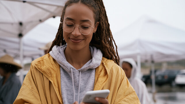 Community organizer displaying algorithmic redlining evidence pulled from municipal planning app to neighborhood residents in rain-soaked parking lot, AI bias technology exposure equity justice gras